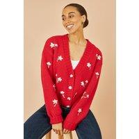 Yumi Women's Red Hand Embroidered Chunky Knitted Cardigan | Size: Small