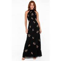 Maya Deluxe Women's Embellished Halter Neck Open Back Maxi Dress in Black | Size: 14