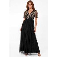 Maya Deluxe Women's Floral Embellished Faux Wrap Tulle Maxi Dress in Black | Size: 16