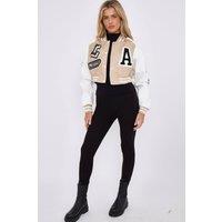 STYLEWISE Women's Embroidered Detail - Cropped Fit - PU Varsity Jacket in Stone | Size: Medium