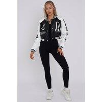 STYLEWISE Women's Embroidered Detail - Cropped Fit - PU Varsity Jacket in Black | Size: Medium