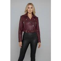 STYLEWISE Women's Faux Leather Belted - Cropped Fit - Biker Jacket in Wine | Size: Medium
