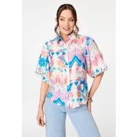 Izabel London Women's Abstract 1/2 Puff Sleeve Buttoned Shirt in Blue | Size: 14