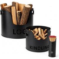 Almineez 3PC Fireside Kindling Storage Bucket Set Metal Log Matchstick Holder in Black