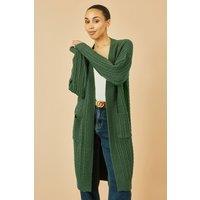 Yumi Women's Green Cable Knit Edge to Edge Long Cardigan With Pockets | Size: Medium/Large