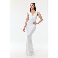 LuvForever Fashion Women's Riona - White Jewelled Shoulder Sequin Maxi Dress | Size: 10