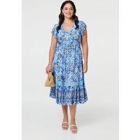 Izabel London Women's Curve Floral Cap Sleeve Lace Midi Dress in Blue | Size: 22
