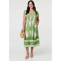 Izabel London Women's Curve Printed Cap Sleeve Midi Dress in Green | Size: 20