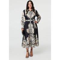 Izabel London Women's Curve Floral Border Tie Waist Midi Dress in Black | Size: 24