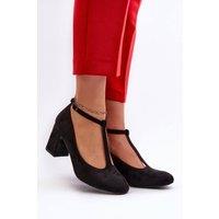 Love Lace Women's Block Heel Suede Pumps with Front Strap & Buckle Fit Comfort in Black | Size: 6.5