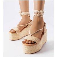 Love Lace Women's Silvetta Platform Espadrille Sandals Lace Up Rubber Sole in Beige | Size: 7.5