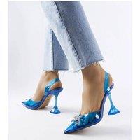 Love Lace Women's Transparent High Heel Pumps Summer Slip On with Beige Sole in Blue | Size: 3.5