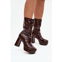 Love Lace Women's Glossy Zipper Ankle Boots Block Heel Platform Insulated in Brown | Size: 6.5