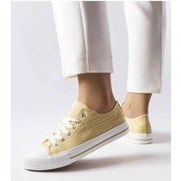 Love Lace Women's Shiny Golden Summer Sneakers with Thick Flat Sole & Rounded Toe in Yellow | Size: 5.5