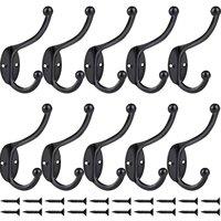 KDMD Zinc Alloy Double Hat & Coat Hooks Door Wall Black 10 Pack