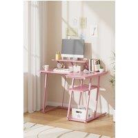 Living and Home L-Shaped Computer Desk with Monitor Stand & Shelves for Home Office in Pink