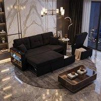 FENCHILIN Pull-out Sofa Bed with Hidden Storage Side Storage Lighting Charging in Black | Size: 3 Seater