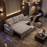 FENCHILIN Pull-out Sofa Bed with Hidden Storage Side Storage Lighting Charging in Light Grey | Size: 3 Seater