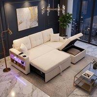 FENCHILIN Pull-out Sofa Bed with Hidden Storage Side Storage Lighting Charging in Beige | Size: 3 Seater
