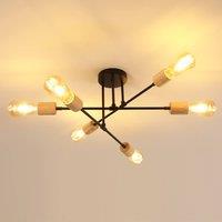 Pheashine Black Metal & Natural Wood 6-Light Sputnik Ceiling Light, E27 Socket