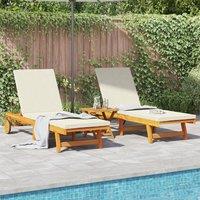 Berkfield Home Wheeled Sun Loungers - 2 Pack with Table & Cushion, Made from Solid Acacia Wood in Cream