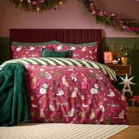 Furn Feline Festive Reversible Christmas Duvet Cover Set in Burgundy | Size: Super King