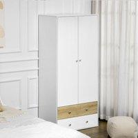 HOMCOM 2 Door Wardrobe White Wardrobe with Drawers & Hanging Rod Bedroom