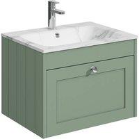Balterley 600mm Wall Hung 1 Drawer Unit with Stone Basin 1 Tap Hole, Satin Green