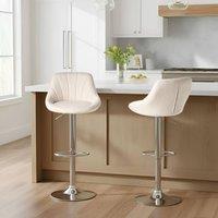 Wyld and Coco Bar Stools Set 2 Light Beige Fabric Silver Iron Base Swivel