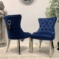 HOME LUXE INTERIOR Aydin Royal Blue Velvet Dining Chairs Chrome Legs Ring Knocker Pair