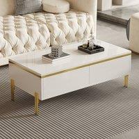 Merax High Gloss Rectangular Coffee Table with Gold Legs & Dual Drawers in White
