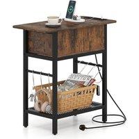 Gymax Industrial Slim End Table Nightstand with Charging Station Shelf Hooks in Brown