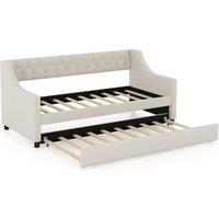 Costway Linen Upholstered Daybed Single Size Trundle Bed Sofa Bed Frame in Beige