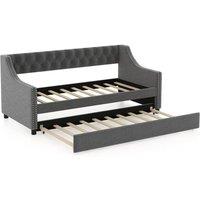Costway Linen Upholstered Daybed Single Size Trundle Bed Sofa Bed Frame in Grey
