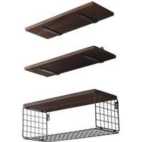 VOGREX 3x Rustic Wooden Wall Bathroom Shelves with Wire Storage Baskets in Brown