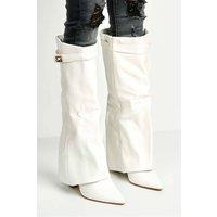 Miss Diva Women's Ayla Block Heel Pointy Toe Collared PU Calfboots with Clasp Detail in White | Size: 5