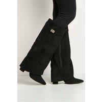 Miss Diva Women's Ayla Block Heel Pointy Toe Collared Faux Suede Clasp Detail Calfboots in Black | Size: 5
