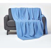 Homescapes Cotton Waffle Blanket Throw - Soft, Breathable & Skin-Friendly in Blue | Size: 228 cm x 228 cm