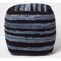 Homescapes Texas Leather, Denim Woven Striped Bean Filled Pouffe, 40 cm in Blue