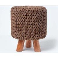 Homescapes Tall Cotton Knitted Footstool on Legs in Chocolate