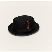 Liquorish Black Pork Pie Hat with Feather Trim | Size: Large