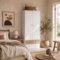 Wyld Haus Coralia 2 Door Wardrobe in White & Oak Hanging Rail & 2 Drawers