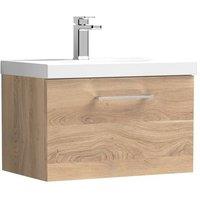 Balterley Contemporary Bathroom Wall Hung 1 Soft-Close Drawer Vanity Unit with Mid-Edge Ceramic Basin, Bleached Oak, 600 mm in Brown