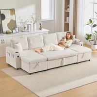 BTM 4 Seater Corduroy Sleeper Sofa Storage USB Cup Holders Beige