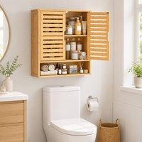 HOMCOM Wall Mounted Bathroom Cabinet with 2 Louvered Doors, Open Shelf in Light Oak