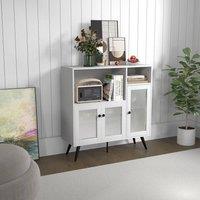 KORVIXA Kitchen Storage Cabinet Buffet Sideboard Wood Tempered Glass Doors in White | Size: 100 cm x 100 cm