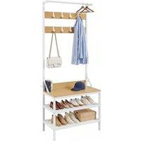 VOGREX Maple Industrial Coat Stand, Shoe Bench with 9 Hooks in Natural