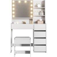 FORGEVIO 5-Drawer Dressing Table Set with LED Bulb Mirror & Vanity Stool in White