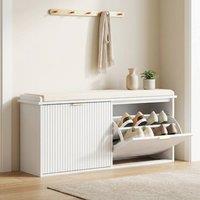 STILVORA Shoe Bench with 2 Flip Drawers & Padded Seat in White