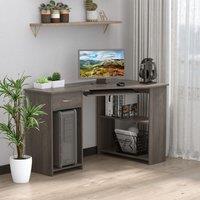 HOMCOM L-Shaped Corner Computer Desk w/ 2 Shelves Worktop Keyboard Tray in Grey